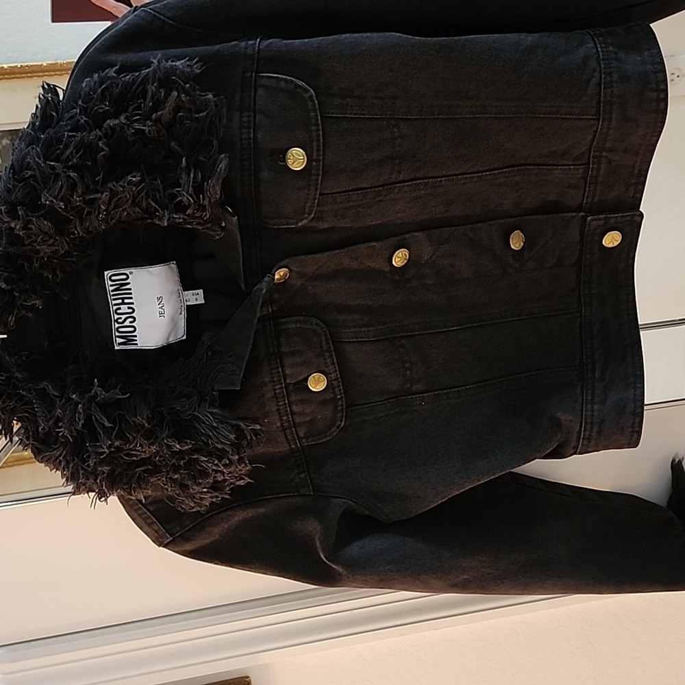 MOSCHINO black cropped denim jacket with fringed collar n cuffs Size 8
